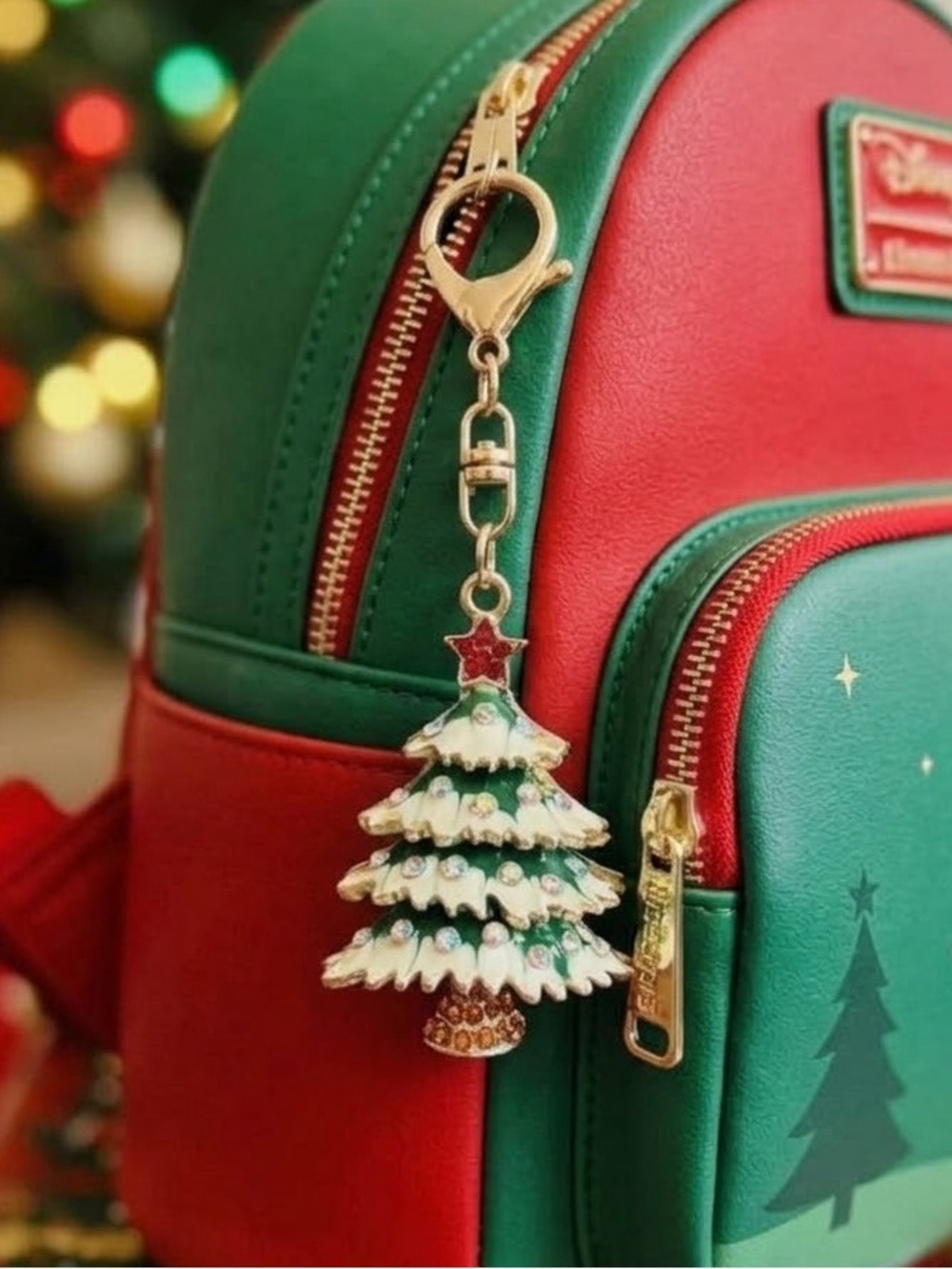 Gold-Tone Green Christmas Tree Keychain Charm - Festive Accessories